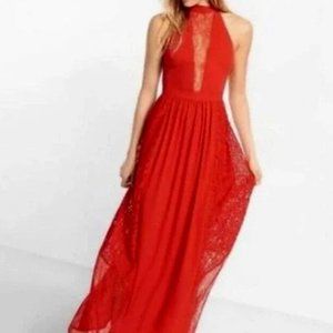 🦋$9🦋 NWT | EXPRESS | Red Halter Maxi Lace V-Neck Evening Dress | Size 6